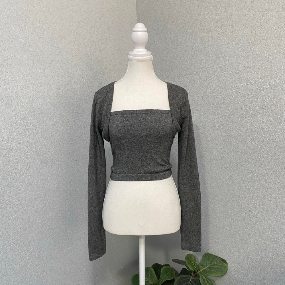 VICTORIA'S SECRET 2 PIECE SET GRAY SHRUG LONG SLEEVE CROP TUBE TOP Y2K GRUNGE